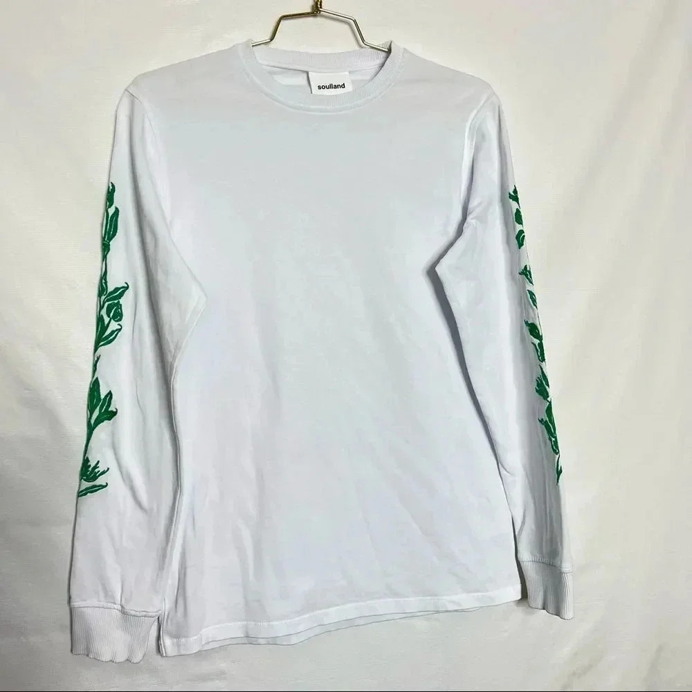 Soulland Gary Long sleeve White Tee Shirt Embroidery Detail Size Small